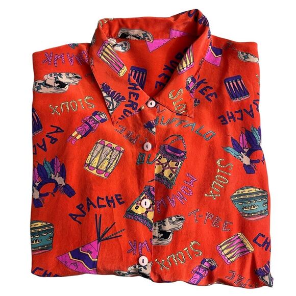 Womens Long Sleeve Silk Shirt Large Red Button Up Tribes Native American Sioux - Picture 1 of 11
